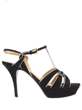 YSL Yves Saint Laurent Tribute Black Silver Platform Heels Sandals